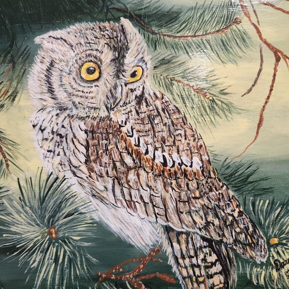Hand-Painted Owl On Pine Branch Wall Art Signed By Artist In 2012 11.5" Sq - Picture 1 of 3